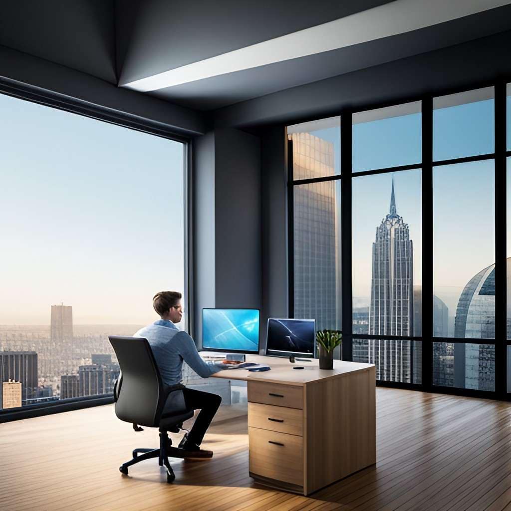 split-screen style image with two halves. On the left half, showcase a developer sitting at the desk, working on laptop with Gravity Forms and WordPress logos on the screen. On right half, show well-designed website with a prominent contact form embedded on it. The overall image should convey the idea of a skilled developer creating a seamless integration of Gravity Forms into a WordPress site.